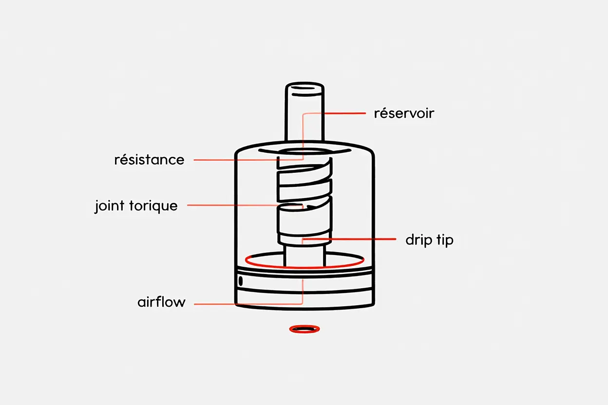 Composants du clearomiseur et zones de fuite