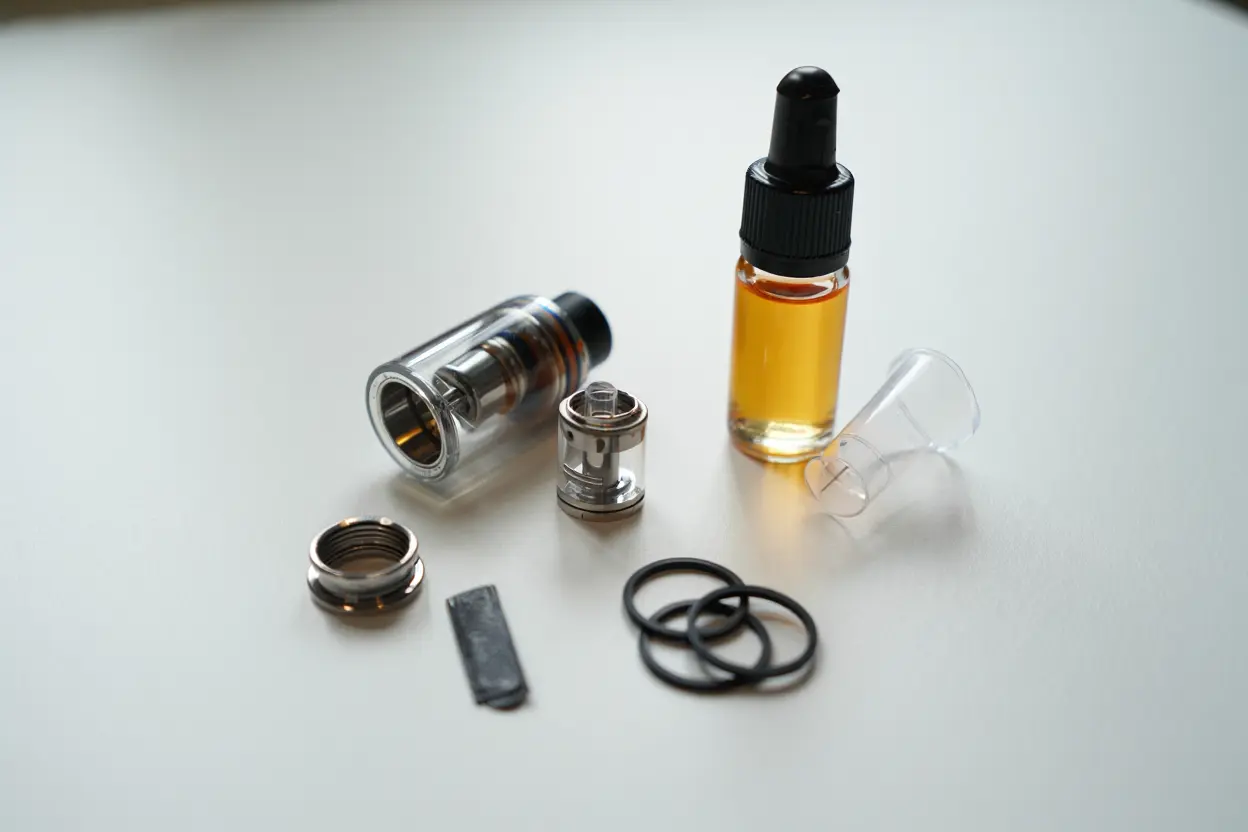Composants d'un clearomiseur et e-liquide pour entretien