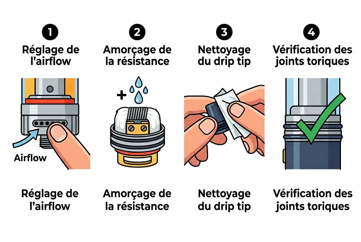 Cigarette électronique qui fuit dans la bouche: illustration des causes et solutions avec réglage de l’airflow, bridage de résistance, nettoyage du drip tip et vérification des joints torques.