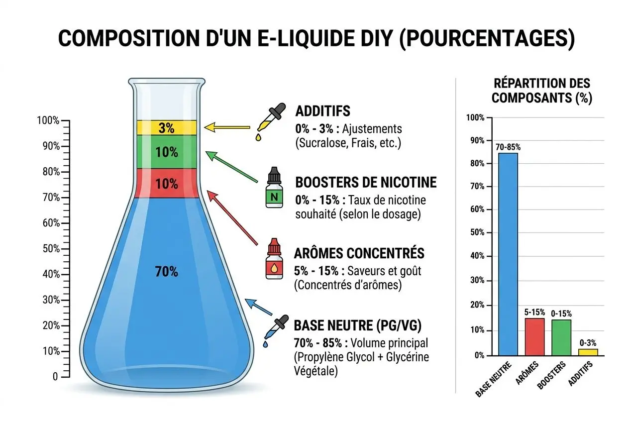 Diagramme détaillant la composition d’un e-liquide DIY: flacon conique avec bases PG/VG, additifs, boosters de nicotine et arômes concentrés, pourcentages indiqués. e-liquide fait maison recette intégré.