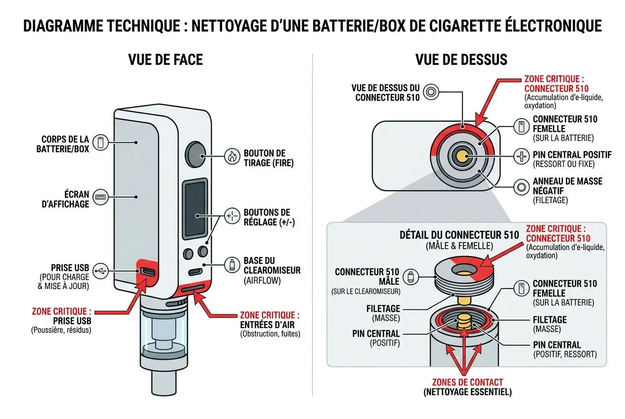 Diagramme technique montrant le nettoyage d’une batterie/box de cigarette électronique, vue de face et vue de dessus.