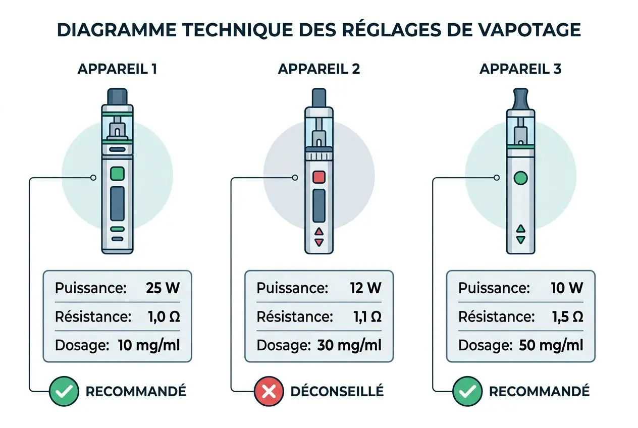 Diagramme technique des réglages de vapotage: trois appareils affichant puissance, résistance et dosage; texte de recommandation. e liquide cbd comment choisir intégré.
