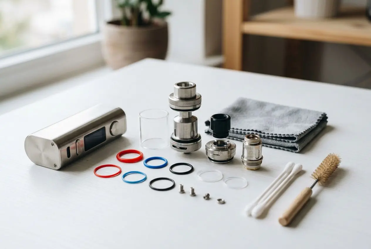 Équipement de cigarette électronique décomposé: box, clearomiseur et embouts, avec joints colorés, outils de nettoyage et brosse sur une table. intégration du mot-clé: "comment bien nettoyer cigarette électronique" naturelle dans la description.