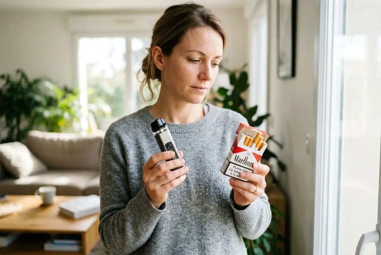 Femme regarde une cigarette électronique et une boîte de cigarettes Marlboro, près d’une fenêtre à la maison. arrête de fumer avec la cigarette électronique.