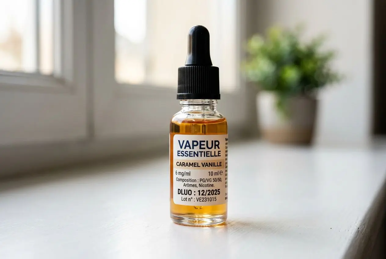 Flacon d'e-liquide avec date DLUO visible