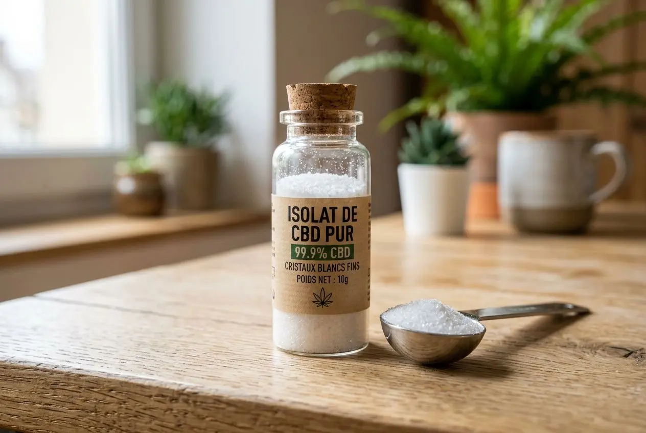 Flacon d’isolat de CBD pur (99,9%) sur une table en bois avec une cuillère doseuse et des plantes en arrière-plan, illustration de l’isolat cbd effet.