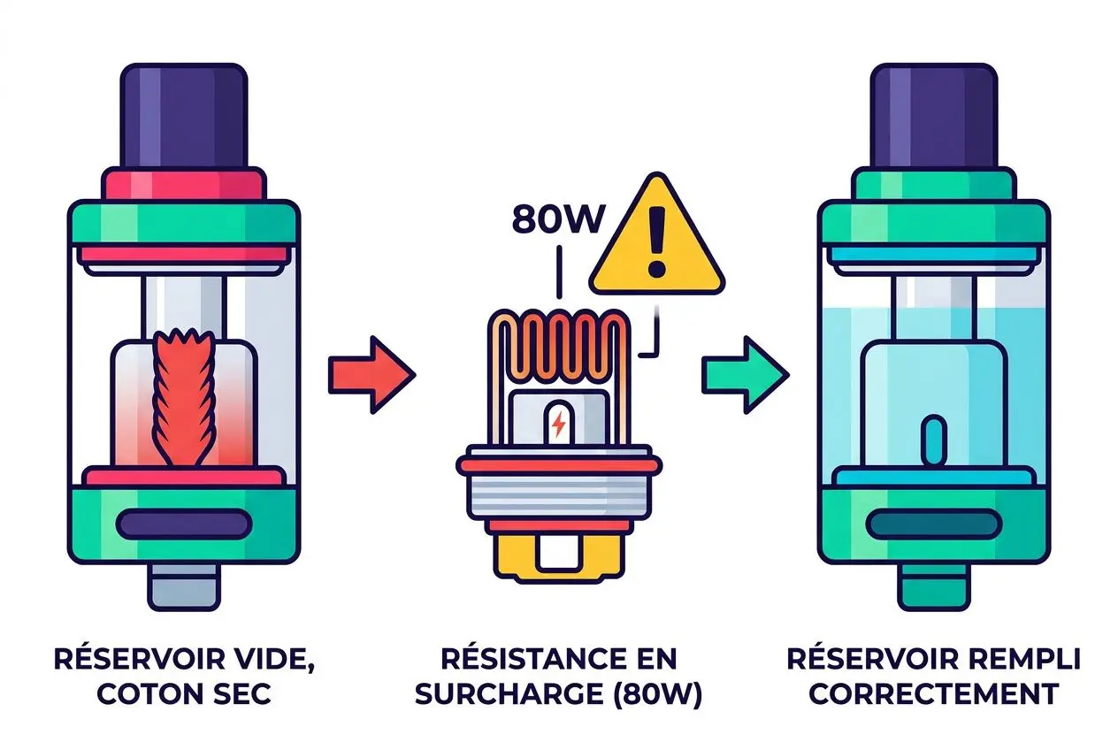 Illustration technique montrant un réservoir vide et coton sec, une résistance surchargée (80W) et un réservoir correctement rempli d’un clearomiseur d’e-cigarette. Pourquoi ma cigarette électronique crépite évoquée.