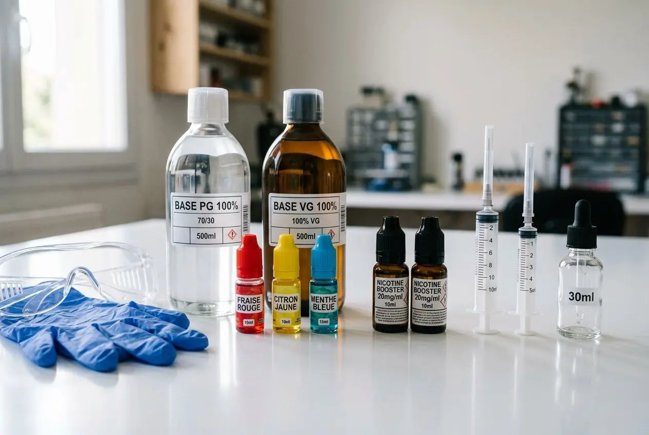 Kit d’atelier pour e-liquide : flacons PG/VG, arômes colorés et compte-gouttes, prêt pour une e-liquide fait maison recette DIY.