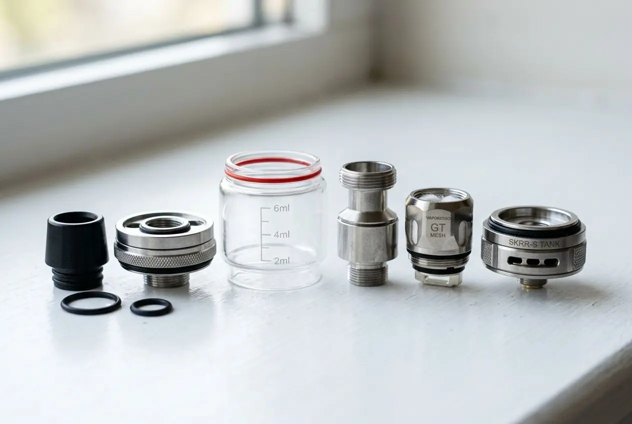 Pièce d’un atomiseur de cigarette électronique démonté: réservoir en verre, pièces métalliques et joints, prêt à être nettoyé pour éviter les fuites dans la bouche.