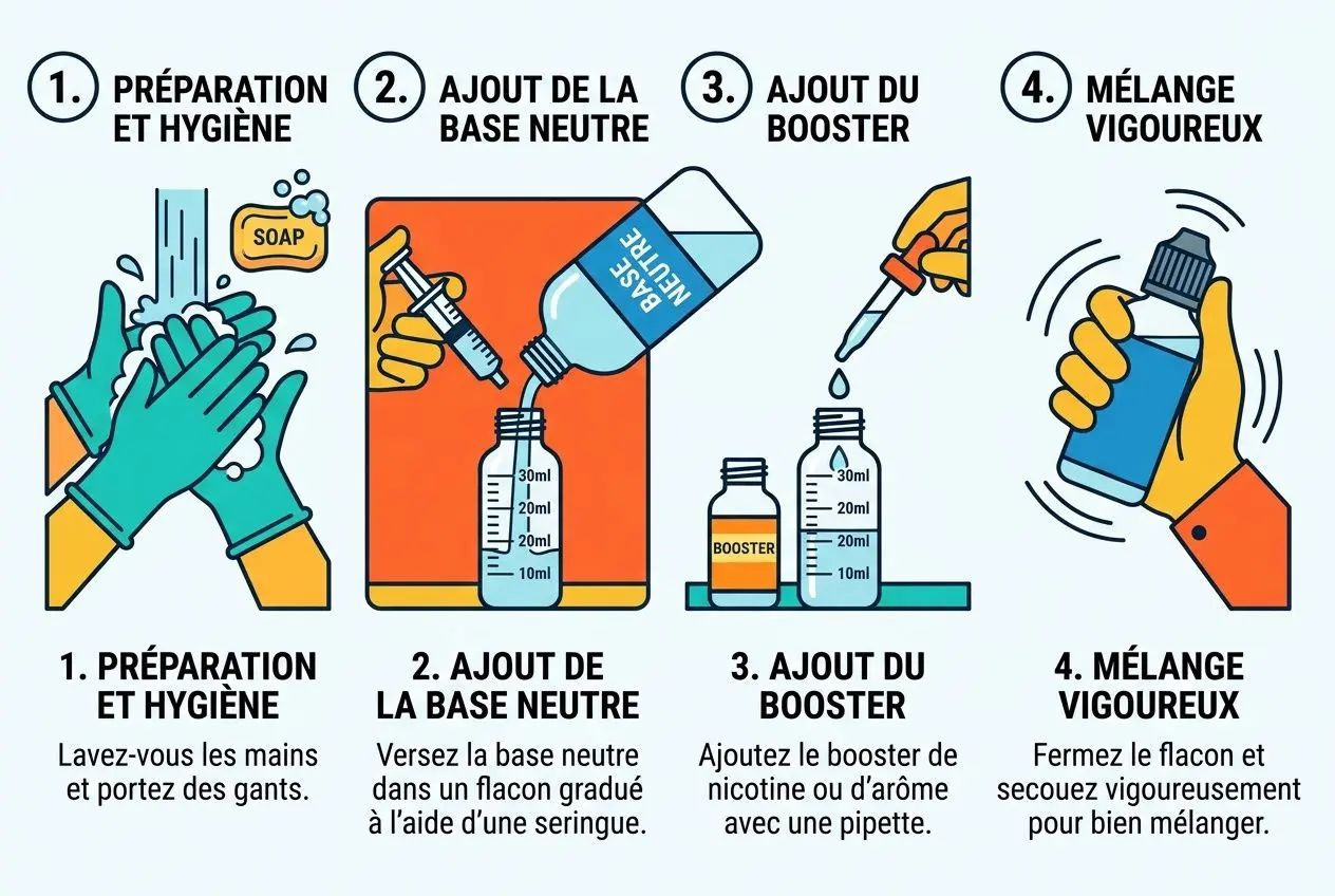 Processus illustré pour fabriquer son e-liquide fait maison recette : préparation des gants et lavage, ajout de base neutre, puis boosterg de nicotine et mélange vigoureux.
