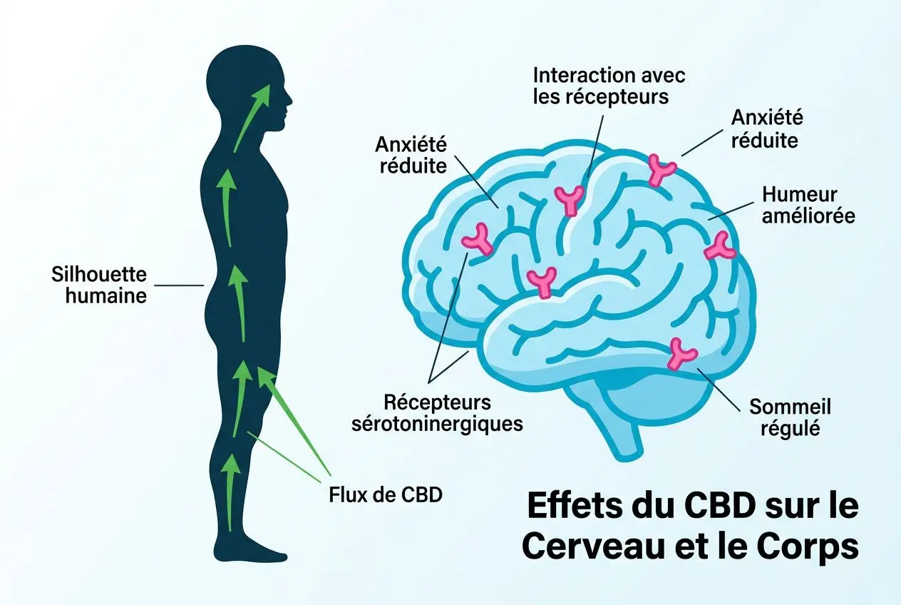 Schéma anthropomorphique montrant le flux de CBD dans le corps et les effets sur le cerveau: silhouette humaine avec flèches vertes, et cerveau annoté sur les récepteurs, l’anxiété, le sommeil et l’humeur. incluant le titre « Effets du CBD sur le Cerveau et le Corps », lien au thème isolat cbd effet.