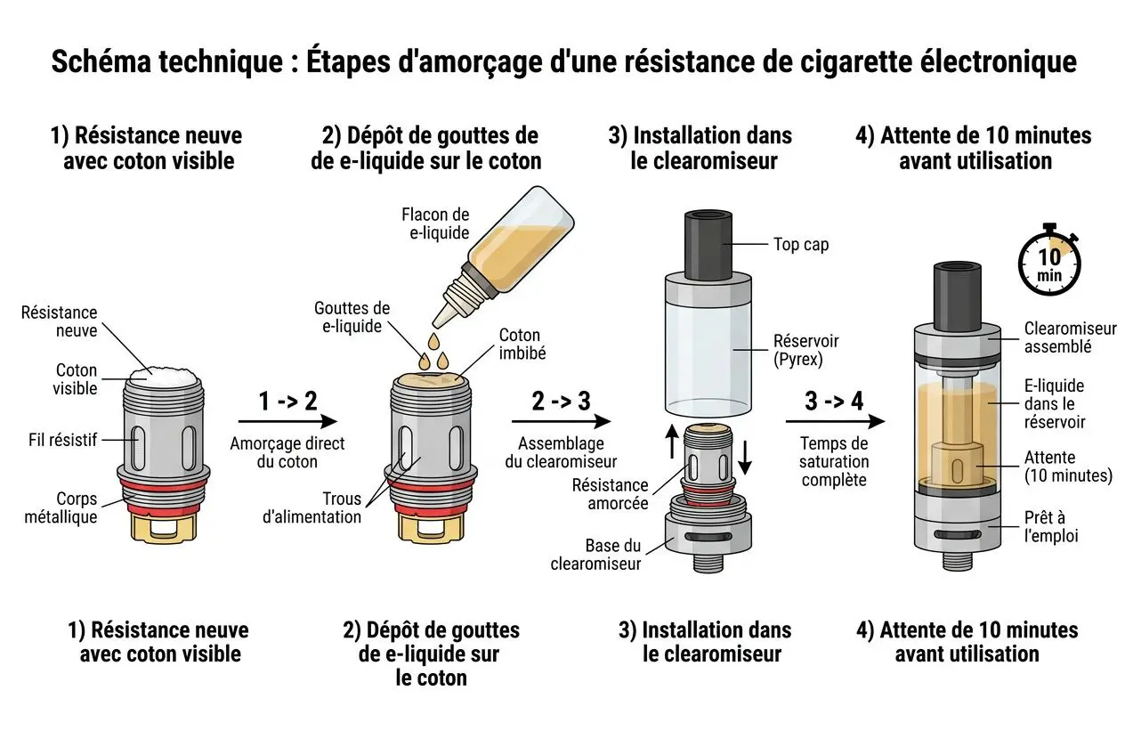 Schéma technique: étapes d’amorçage d’une résistance de cigarette électronique, montrant résistance neuve, dépôt de gouttes d’e-liquide, installation dans le clearomiseur et attente de 10 minutes avant utilisation. Vapoter pour la première fois débutants.