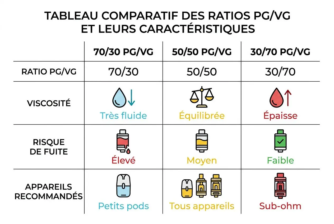 Tableau décrivant les ratios PG/VG et leurs caractéristiques: vidéos viscosité, risque de fuite et appareils recommandés sous trois rapports 70/30, 50/50 et 30/70.