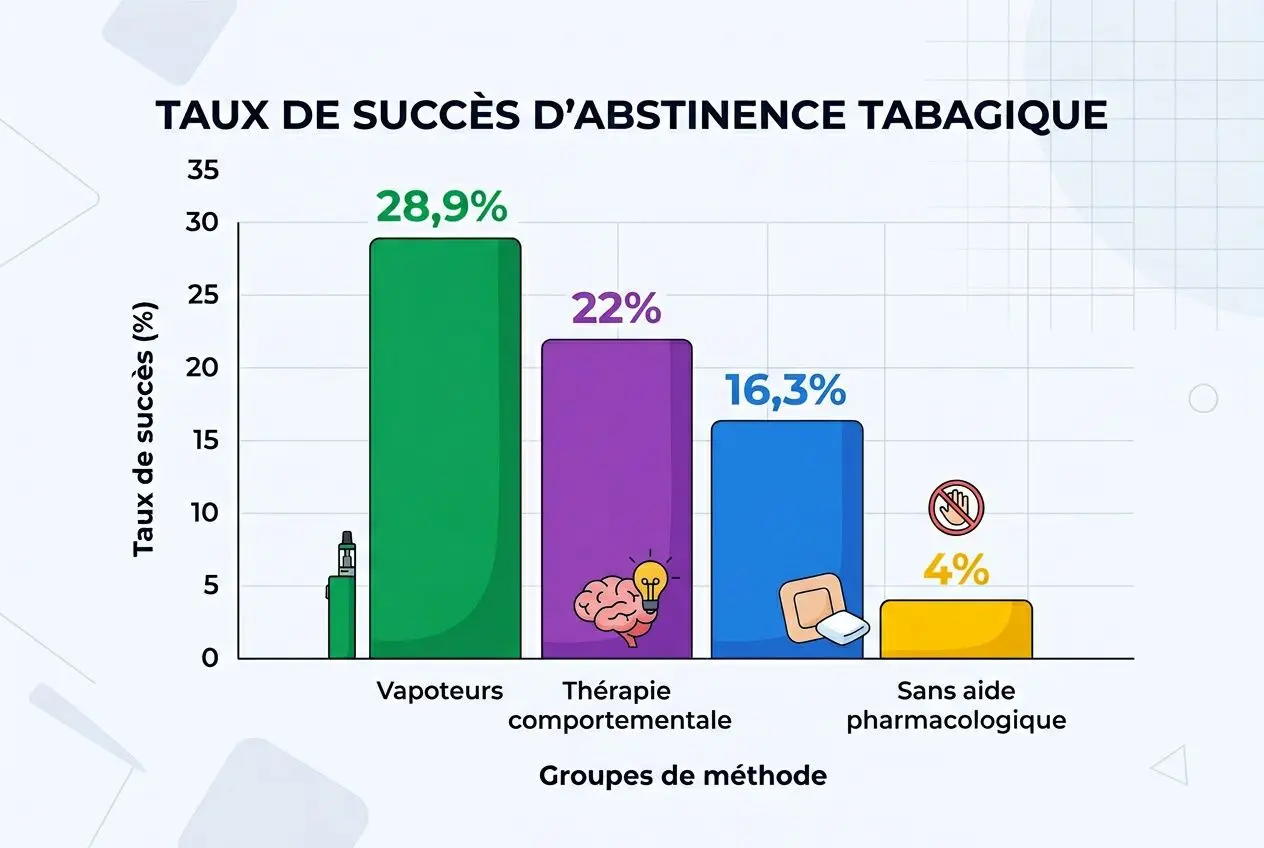 Taux de réussite d’abstinence tabagique: barres représentant vapoteurs, thérapie comportementale et sans aide pharmacologique, avec valeurs 28,9 %, 22 %, 16,3 % et 4 %.