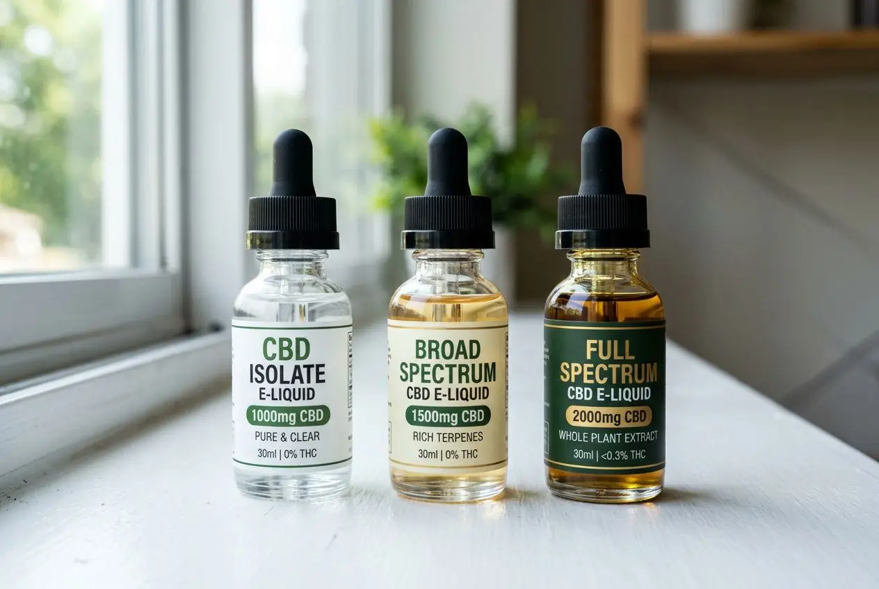 Trois flacons d’e-liquide CBD en e-liquide, isolat, broad et full spectrum alignés sur une surface près d’une fenêtre. Le premier est CBD ISOLATE 1000 mg, le second BROAD SPECTRUM 1500 mg, le dernier FULL SPECTRUM 2000 mg.