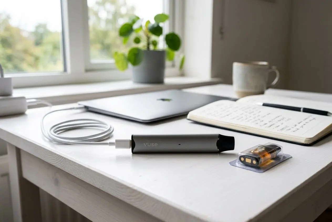 Vapeurisation pour la première fois débutants: kit de vape et carnet sur un bureau lumineux, avec vaporisateur, e‑liquide et ordinateur portable.