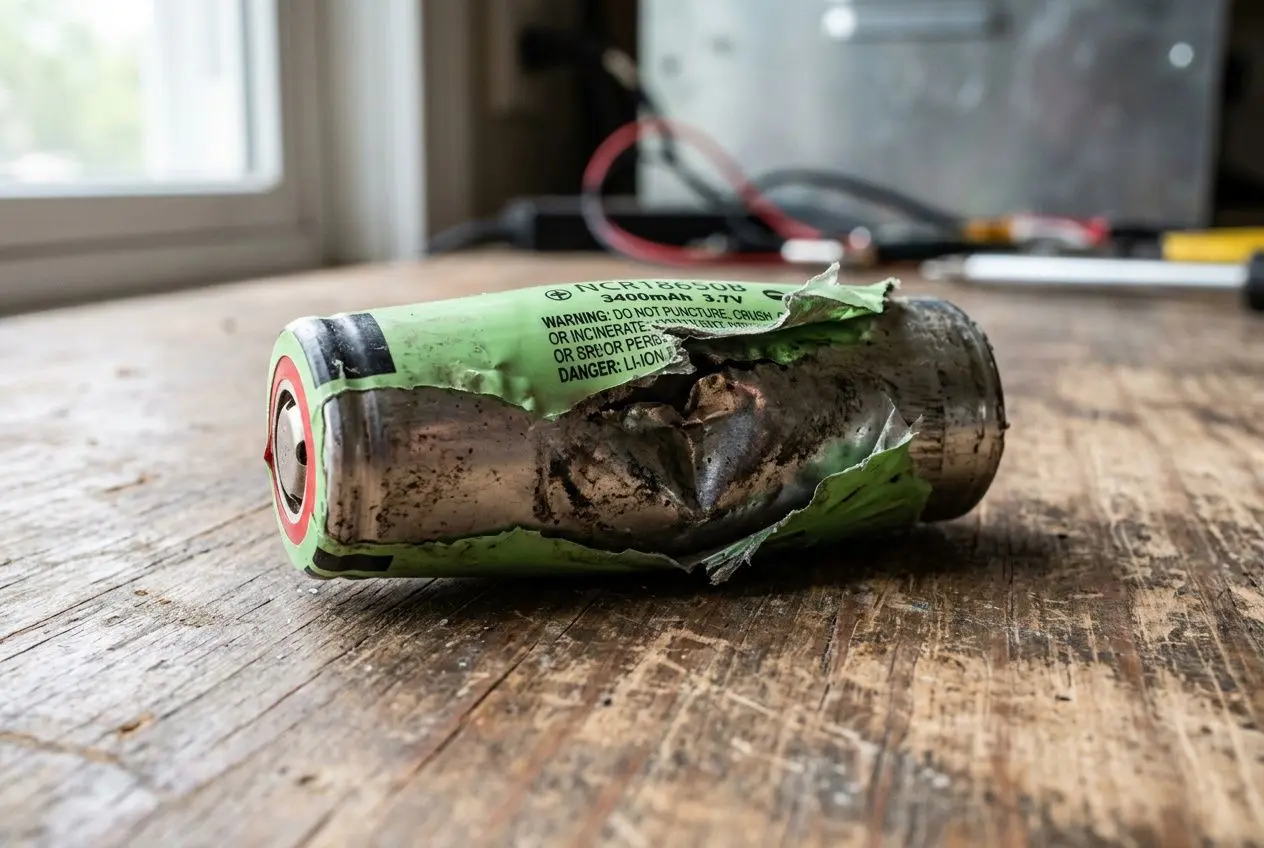Accu de cigarette électronique endommagé et gonflé sur une surface en bois, étiquette arrachée et mur fissuré au fond, risques d’explosion. Batterie cigarette électronique explose (description)