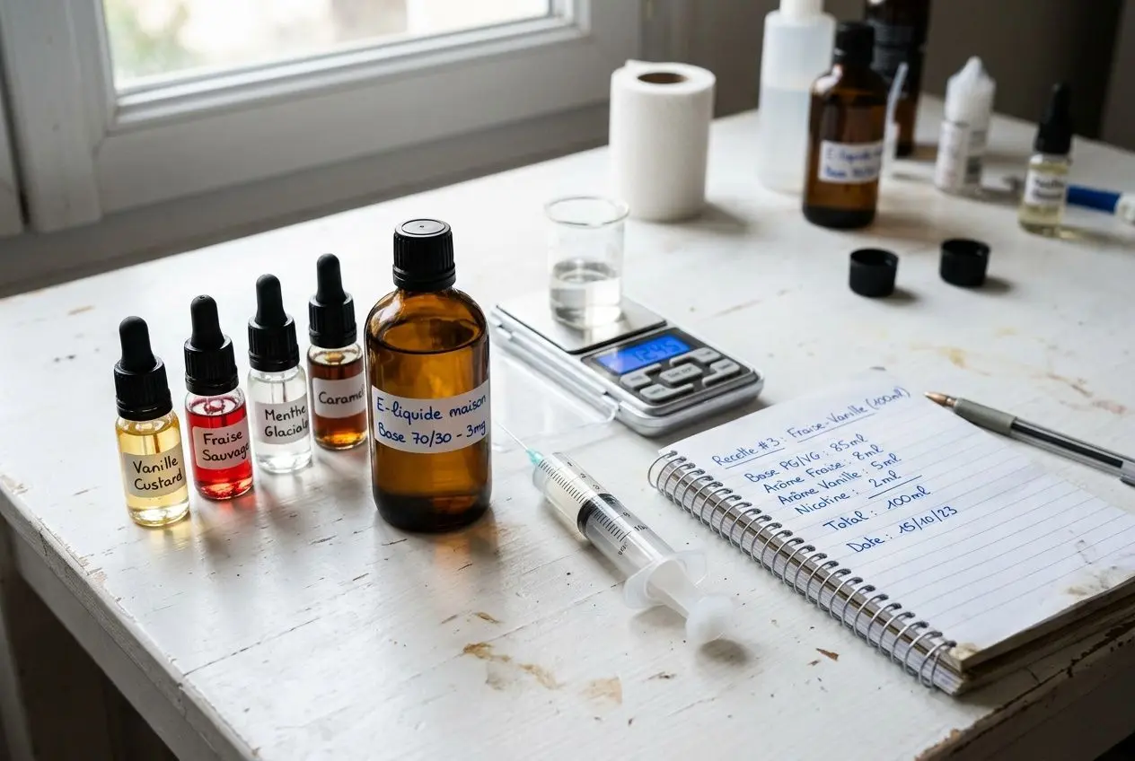 Allez un plan de travail avec plusieurs fioles de e-liquide et arômes, une base neutre en flacon brun, une balance, carnet et seringue, prêt à expliquer comment diluer e-liquide trop concentré.
