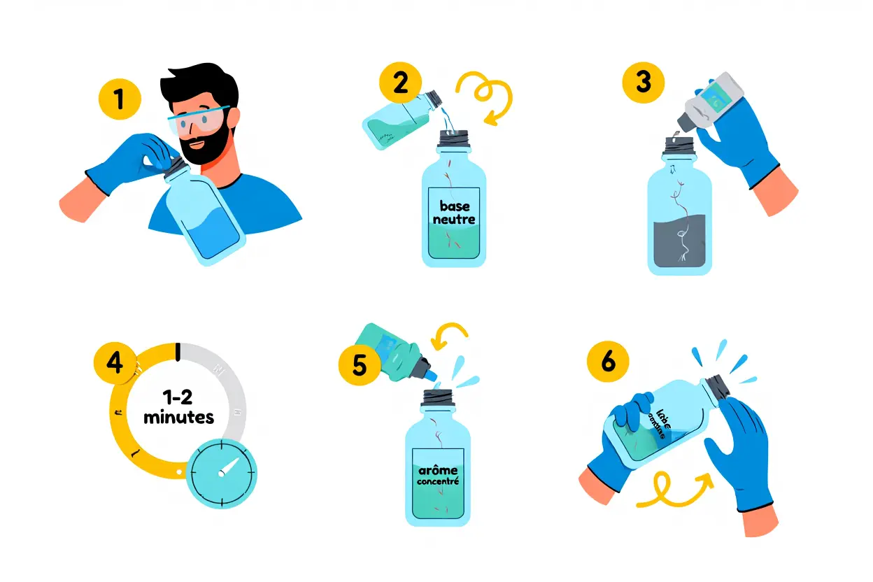 Alt: Étapes illustrées pour le dosage nicotine e liquide diy : préparation, mélange base neutre, ajout booster et arôme, repos 1–2 minutes.