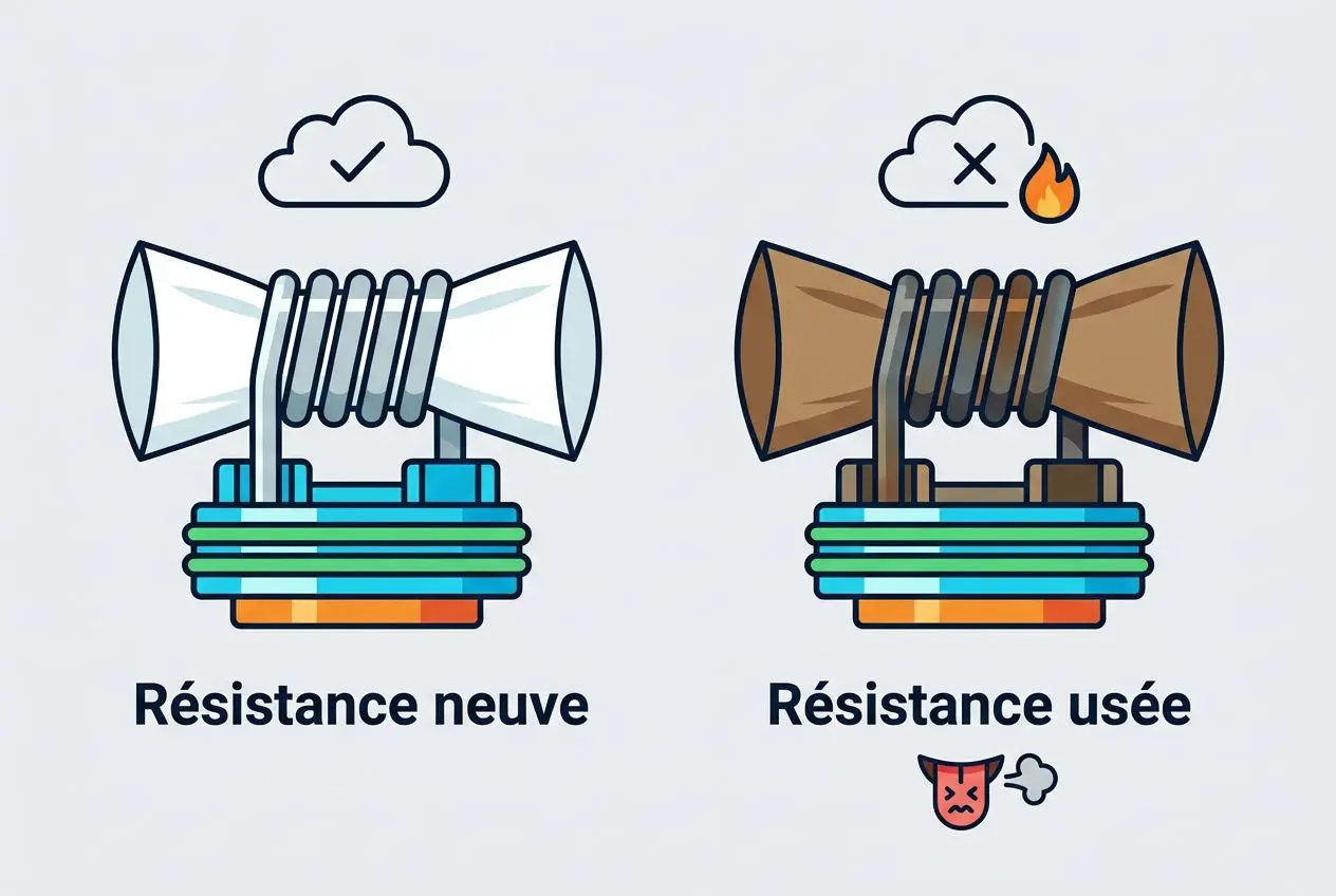 Atomiseur ne fonctionne: comparaison entre résistance neuve et résistance utilisée montrant les signes d’un problème et l’alerte check atomizer sur la carte.