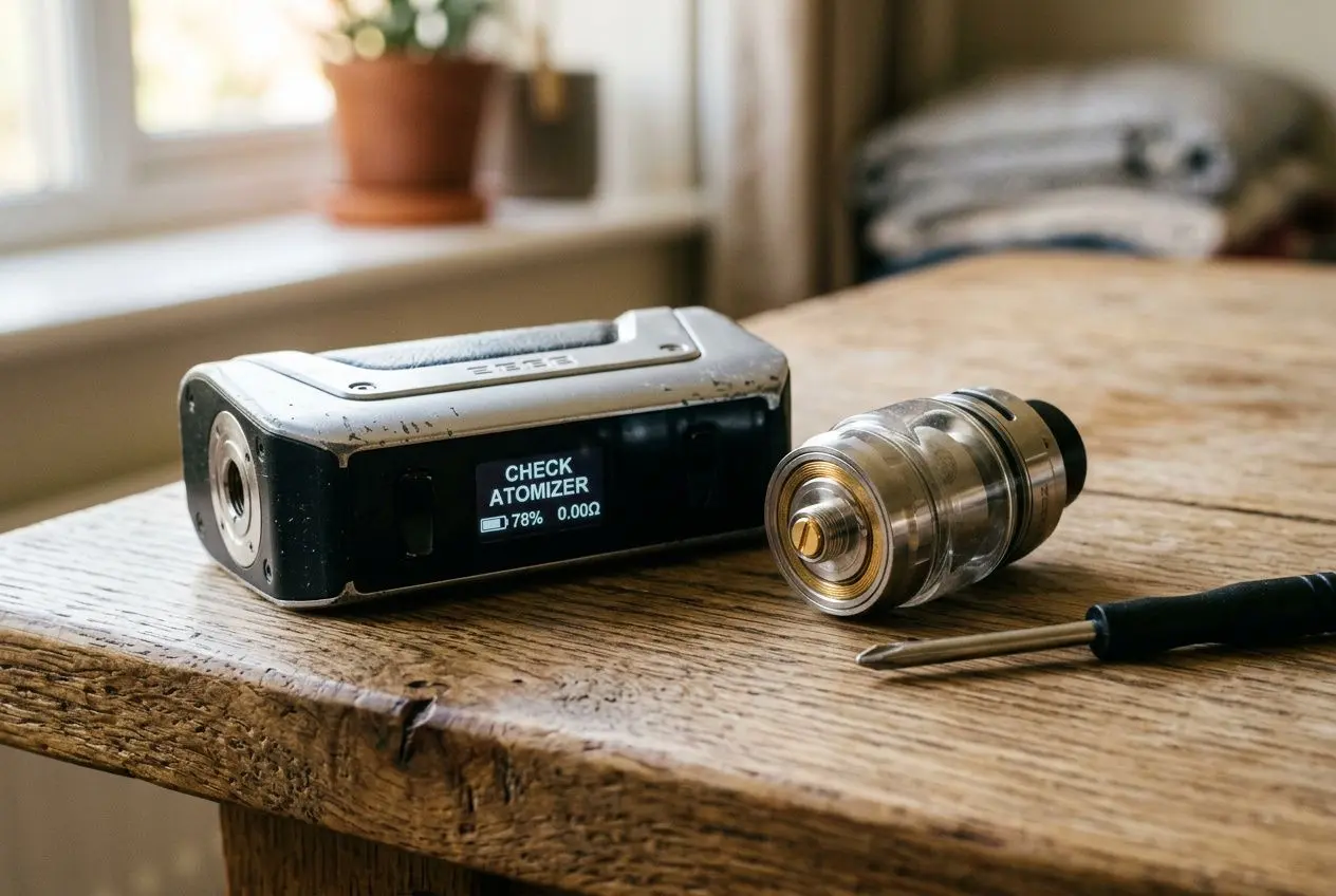 Atomiseur et modérateur d’une e-cigarette sur une table, affichage “CHECK ATOMIZER” indiquant un souci potentiel.