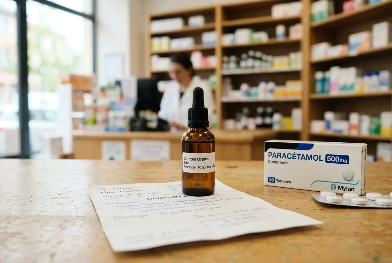Bouteille brune avec compte-gouttes et boîte de paracétamol sur un comptoir de pharmacie, au fond étagères remplies de médicaments, près d’une ordonnance. cbd interaction médicamenteuse liste intégrée?