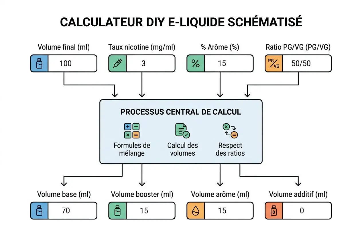 Calculateur DIY E-liquide schématisé montrant les entrées: volume final 100 ml, taux nicotine 3 mg/ml, arôme 15 %, ratio PG/VG 50/50; processus central de calcul avec mélange, calcul des volumes et respect des ratios, sorties: base 70 ml, booster 15 ml, arôme 15 ml et additif 0 ml.