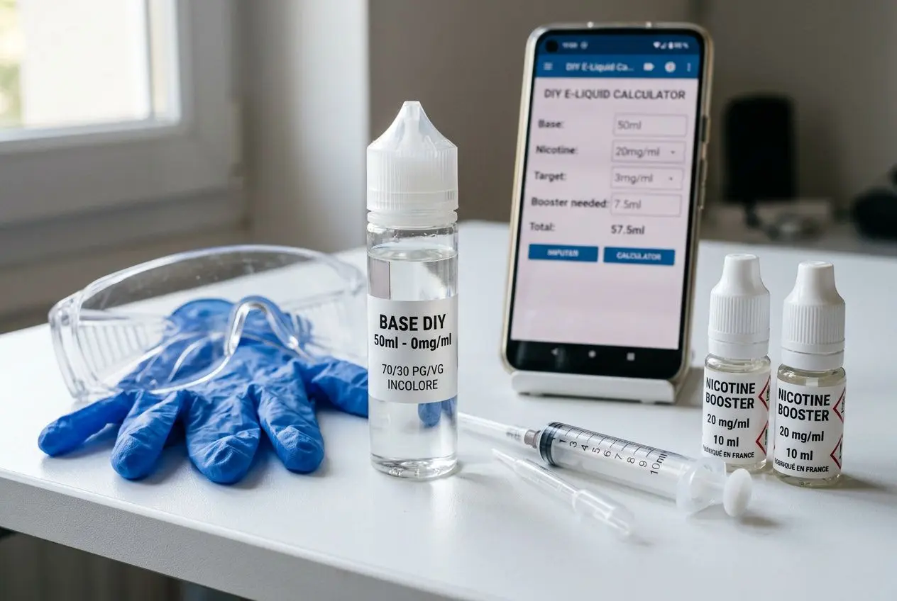 Calculateur et matériel pour dosage nicotine e liquide diy avec flacons et gants sur une table.