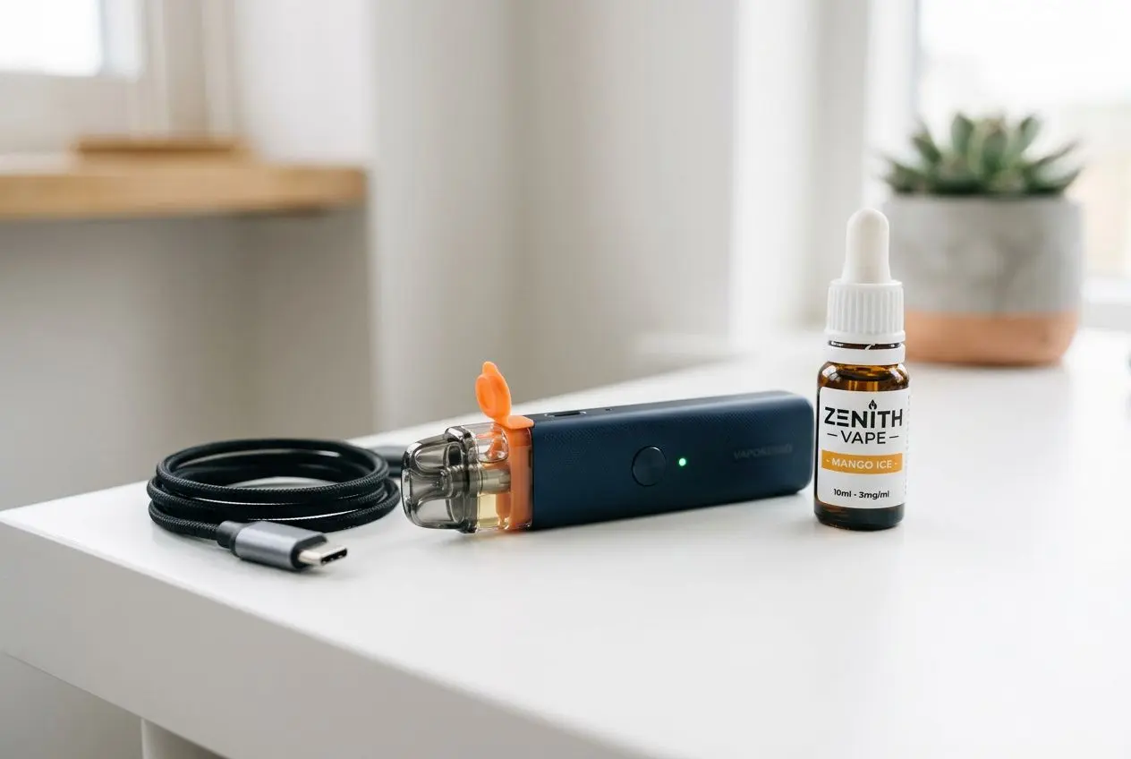 Cigarette électronique débutant pas cher : kit compact bleu et eleaf avec embout orange et drizzle bottle ZENITH VAPE Mango Ice sur une table.