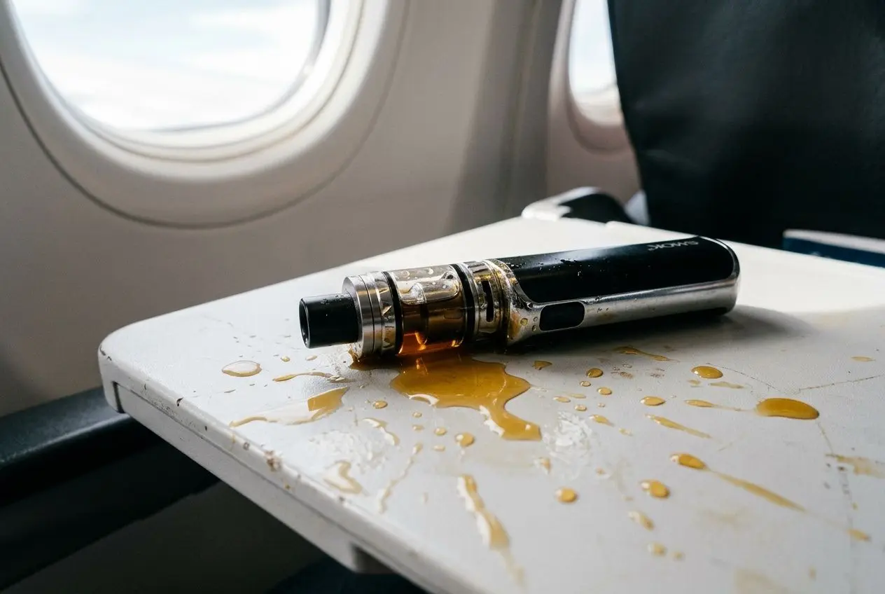 Cigarette électronique qui fuit dans l’avion abandonnée sur une table d’un siège, traces de liquide au sol et fuite apparente.