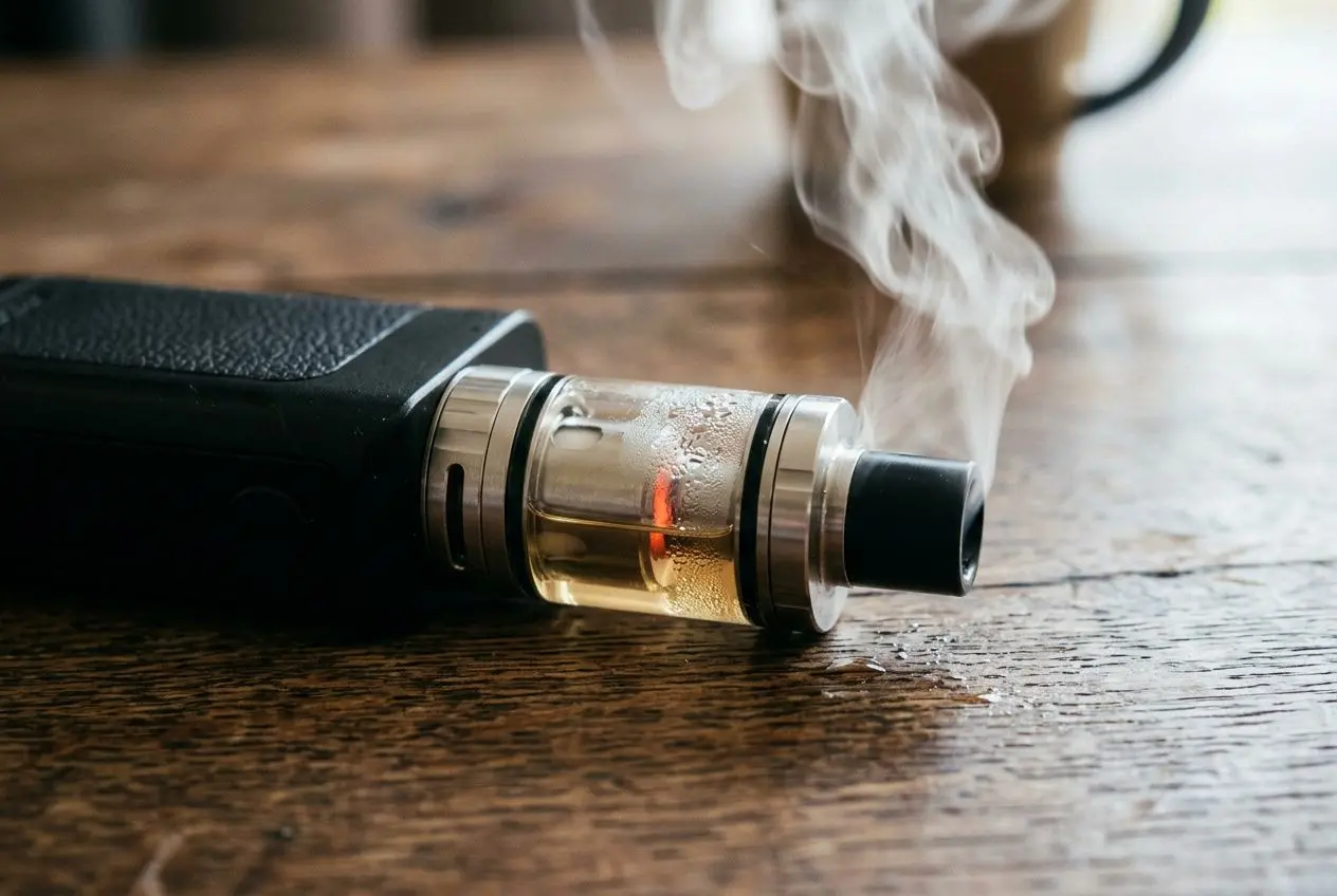 Cigarette électronique en panne, atomiseur chauffé et fumée s’échappant, sur une table en bois. cigarette électronique trop chaude.