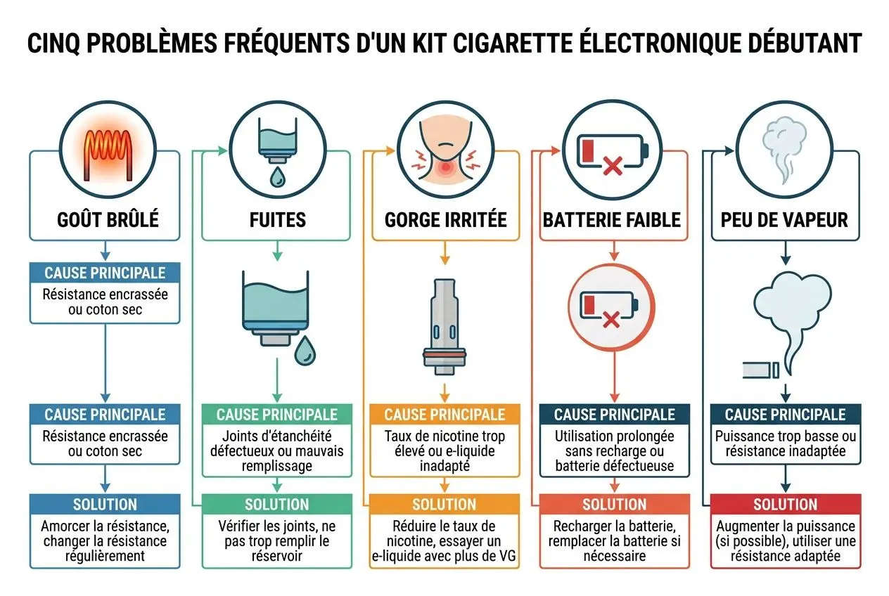 Cinq problèmes fréquents d'un kit cigarette électronique débutant, dont goût brûlé, fuites et gorge irritée.