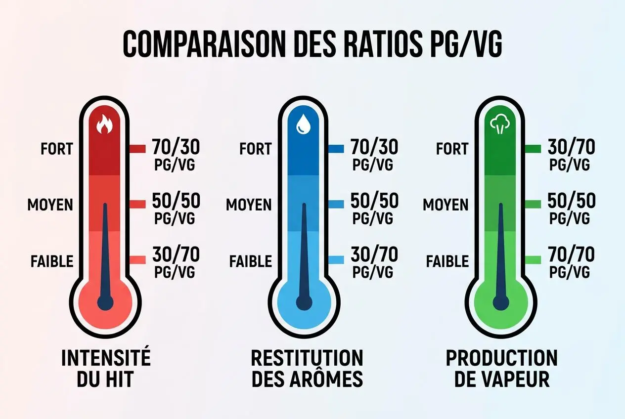 Comparaison des ratios PG/VG: trois thermomètres illustrant l’intensité du hit, la restitution des arômes et la production de vapeur.