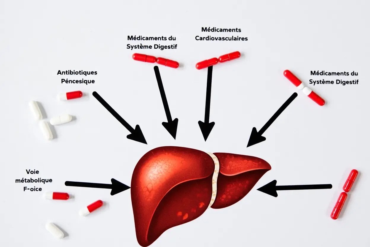 Description de l’image: schéma montrant le foie avec plusieurs flèches pointant dessus, indiquant des « médicaments du système digestif », « médicaments cardiovasculaires », « antibiotiques péniques », et « voie métabolique F-oe » autour.
