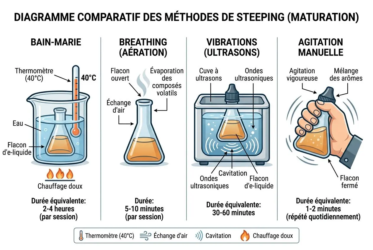 Diagramme comparatif des méthodes de steeping (maturation) montrant bain-marie, breathing, vibrations et agitation manuelle pour accélérer maturation e-liquide.