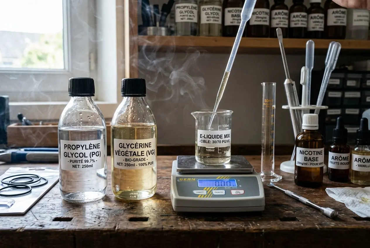 Différence pg vg e liquid: flacons de Propylène Glycol et Glycérine végétale avec échelle et dispositif de pesée sur un établi.