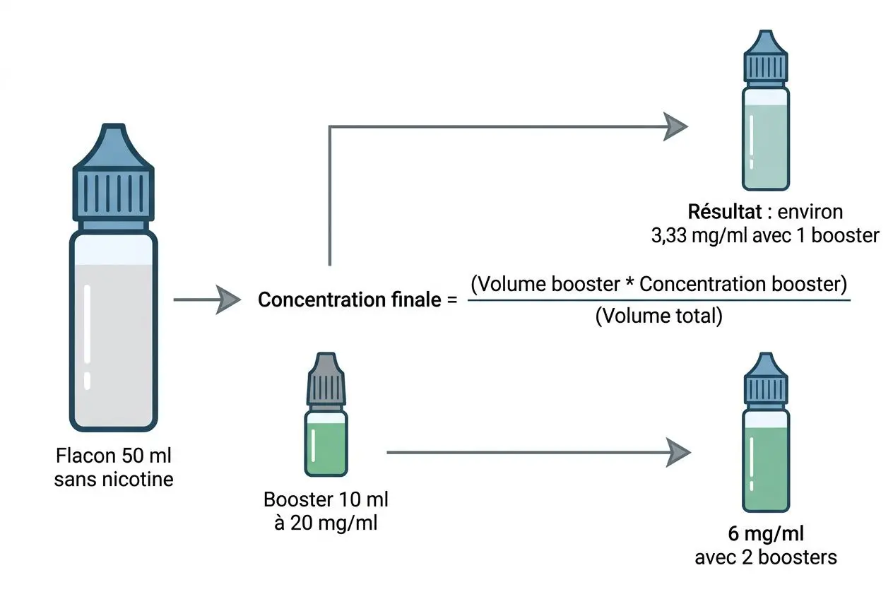 Explication graphique montrant le calcul de la concentration finale de nicotine dans un flacon de 50 ml sans nicotine, ajout d’un booster 10 ml à 20 mg/ml et obtention d’un e-liquide nicotine dosage conseils avec environ 6 mg/ml et 2 boosters.