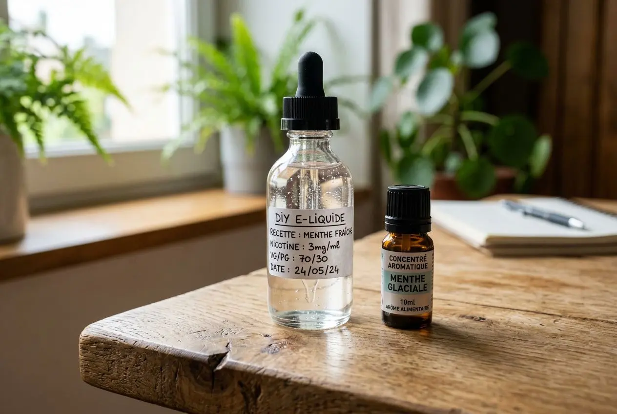 Flacon dropper et flacon d’arôme menthe glaciale sur une table en bois, personnalisation DIY e-liquide et étiquettes visibles. accélerer maturation e-liquide via steeper rapide.