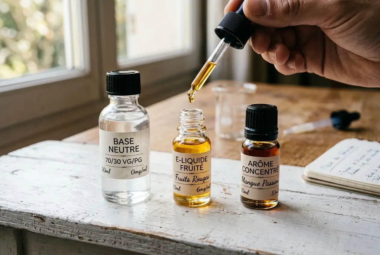 Goutte d’e-liquide sur paumette, flacons base neutre et arômes, préparation d’un mélange pour diluer l’e-liquide trop sucré