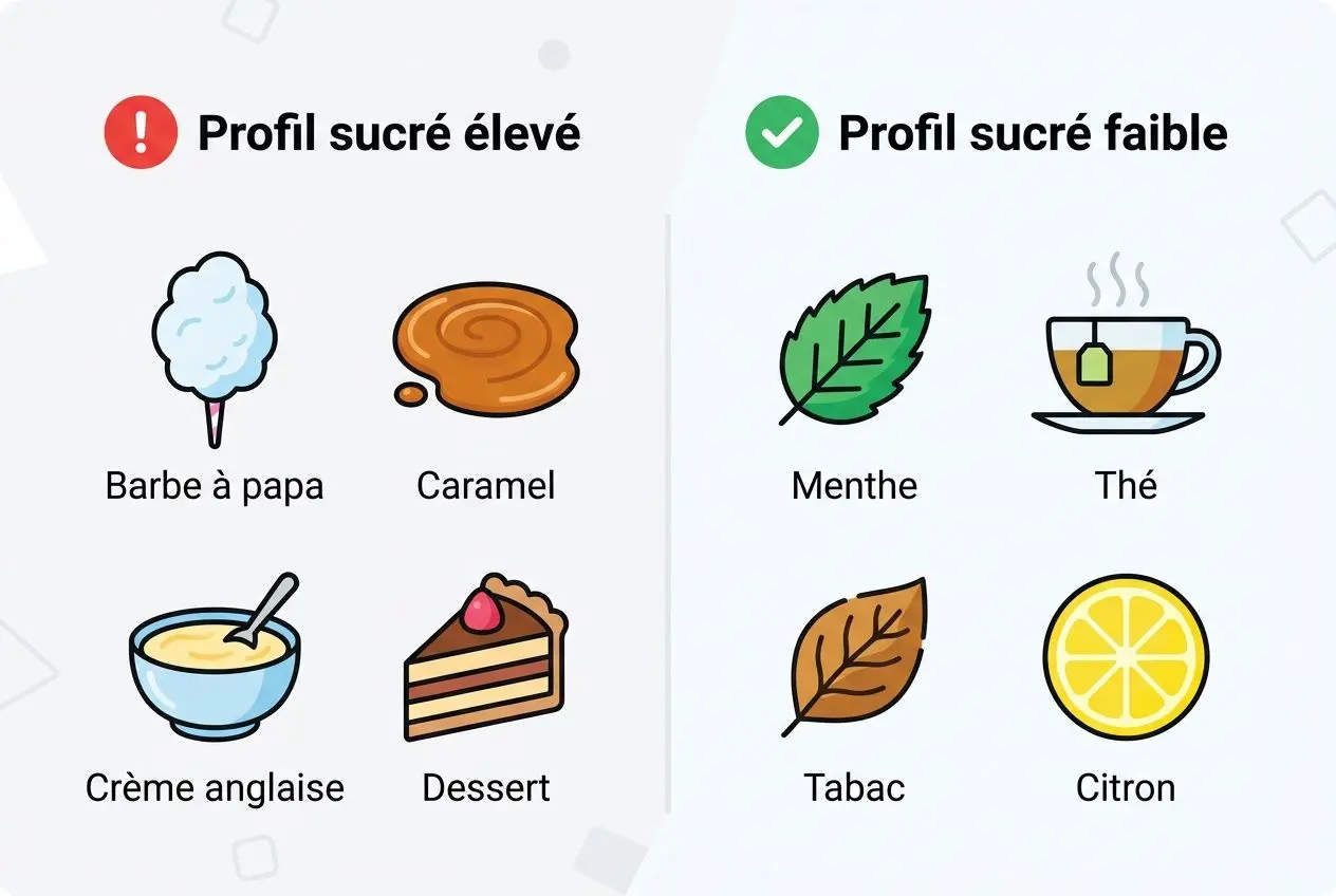 Illustration montrant “Profil sucré élevé” avec barbe à papa, caramel, crème anglaise et dessert à gauche; “Profil sucré faible” avec menthe, thé, tabac et citron à droite. e-liquide trop sucré intégré.