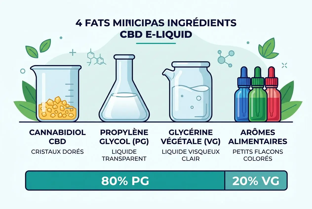 Illustration présentant les 4 ingrédients CBD e-liquide: CBD, propylène glycol, glycérol végétal et arômes; explication des proportions 80% PG et 20% VG. Comment vapoter du CBD.