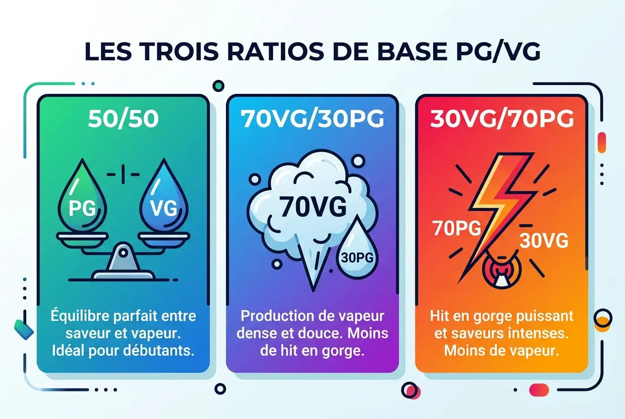 Illustration des trois ratios base PG/VG: 50/50 équilibre entre saveur et vapeur; 70VG/30PG pour plus de vapeur; 30VG/70PG pour hit plus fort et arômes plus prononcés. Correspond au thème comment faire son e-liquide soi-même.