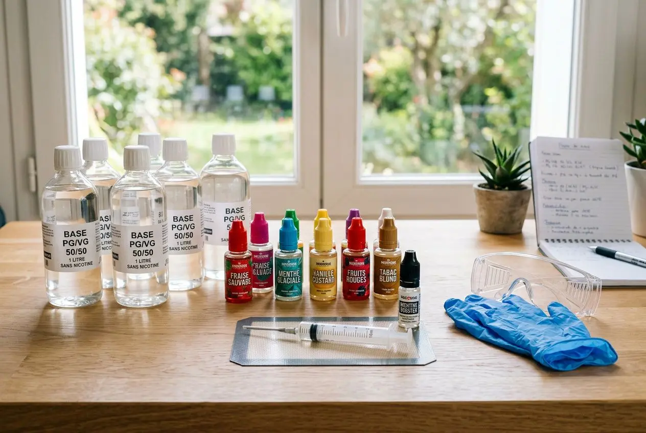 Jeu de matériel pour fabriquer son e-liquide soi-même : flacons base PG/VG, arômes colorés et compte-gouttes sur une table.