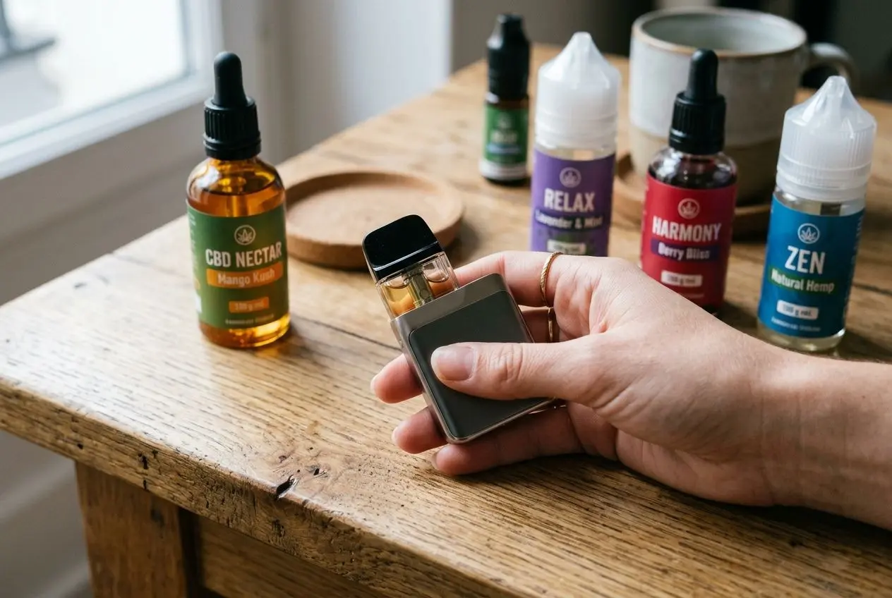 Personne tenant un vaporisateur électrique près de flacons d’e-liquide CBD sur table en bois, prêt à vapoter.