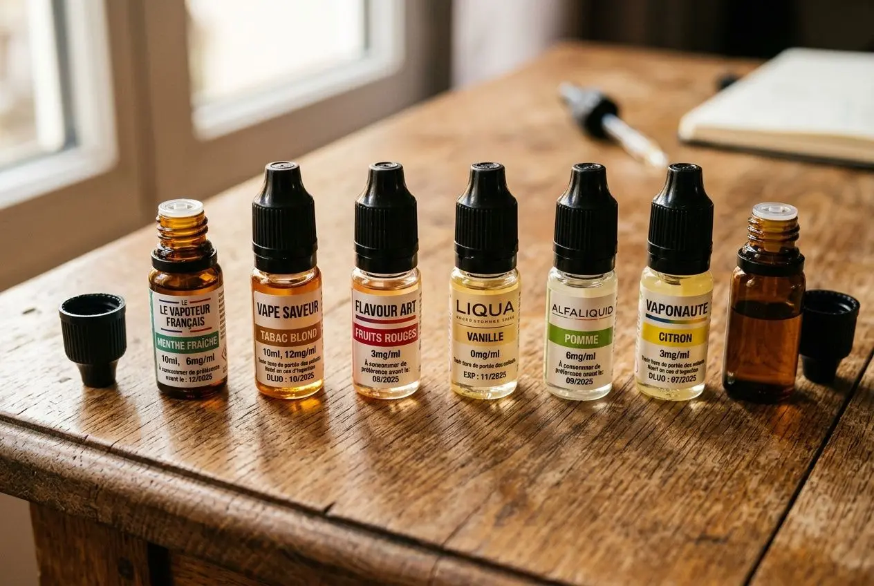 Plusieurs flacons d’e-liquide avec étiquettes variées alignés sur une table en bois près d’une fenêtre. Alt text intègre le mot-clé: e liquide périmé 2 a.