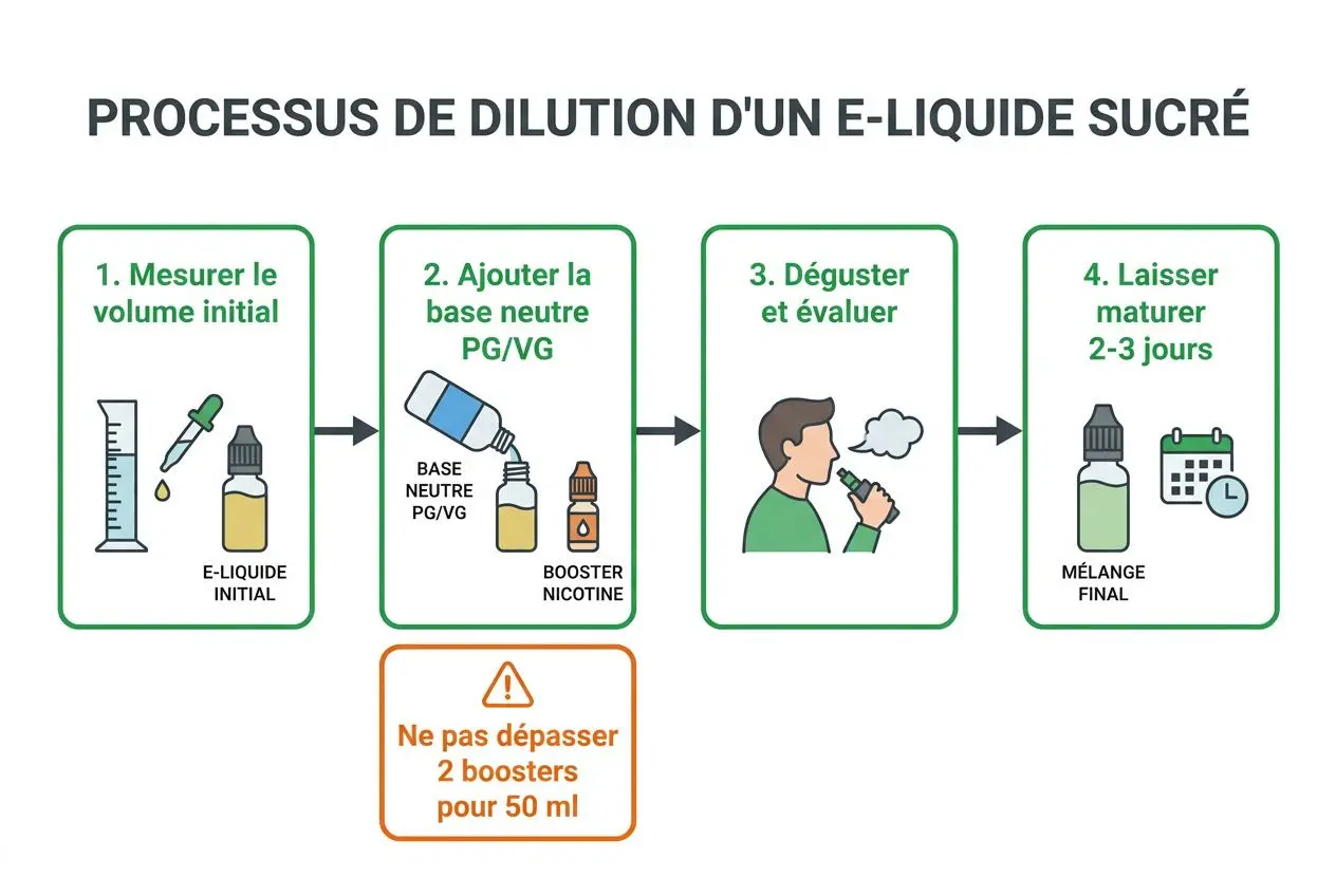 Processus de dilution d'un e-liquide sucré: illustration étape par étape pour mesurer le volume initial, ajouter une base neutre PG/VG, déguster et laisser maturer 2–3 jours.