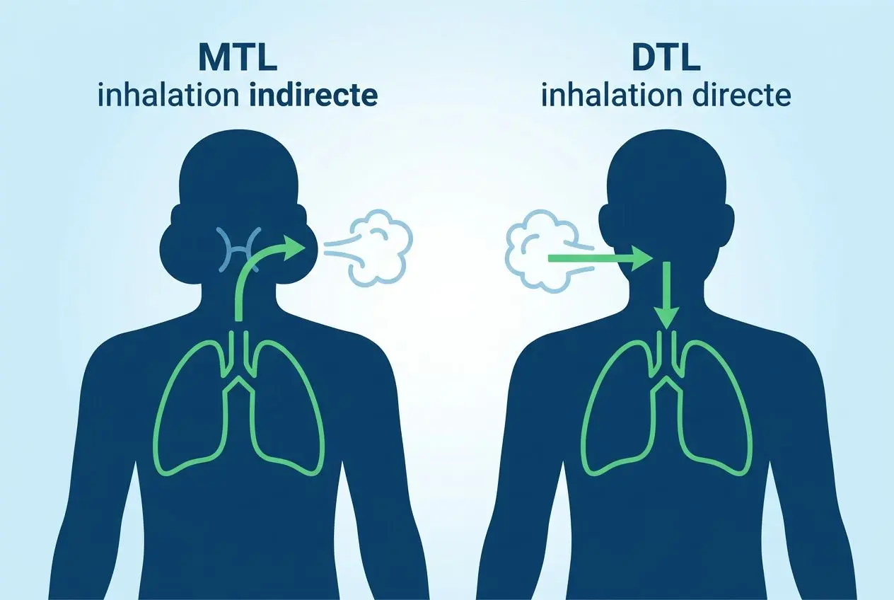 Schéma anatomique: voies respiratoires montrant MTL inhalation indirecte et DTL inhalation directe, avec poumons et flux d’air illustrés. intégration: commentaire sur comment utiliser une cigarette électronique sans bouton.