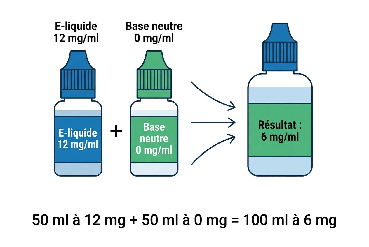 Schéma illustrant comment diluer e-liquide trop concentré: e-liquide 12 mg/ml + base neutre 0 mg/ml → résultat 6 mg/ml (100 ml).