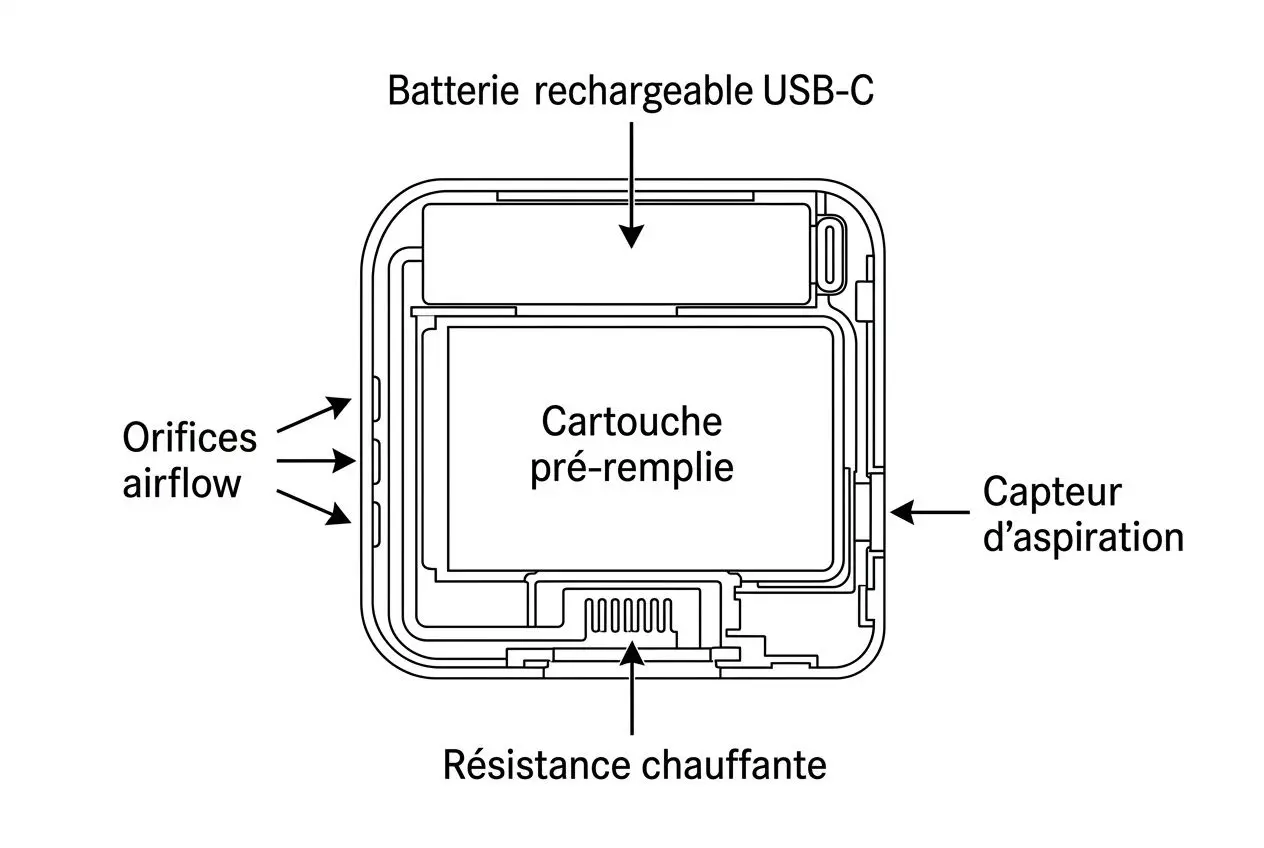 Schéma intérieur d’un pod de cigarette électronique sans bouton, montrant la cartouche pré-remplie, le capteur d’aspiration, les orifices d airflow et la résistance chauffante avec la batterie USB-C recharge.