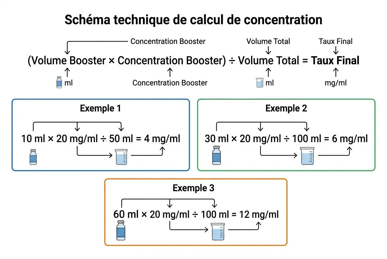 Schéma technique de calcul de concentration pour dosages de nicotine en e-liquide diy, avec exemples de calculs et flèches.